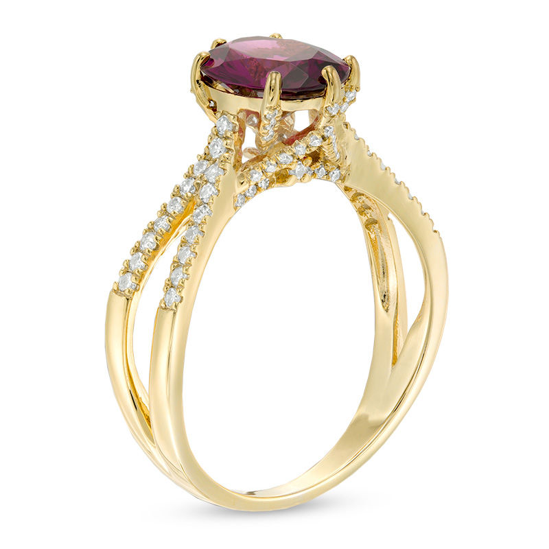 Main Image 2 of Oval Grape Garnet and 1/4 CT. T.W. Diamond Split Shank Ring in 14K Gold