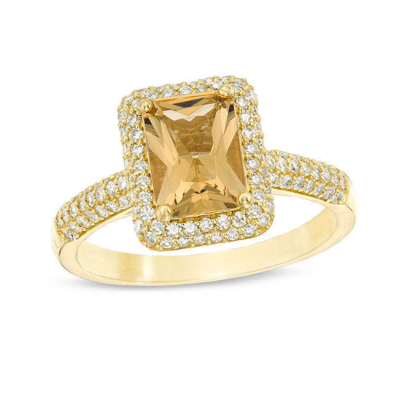 Main Image 1 of Emerald-Cut Yellow Beryl and 1/2 CT. T.W. Diamond Frame Ring in 14K Gold