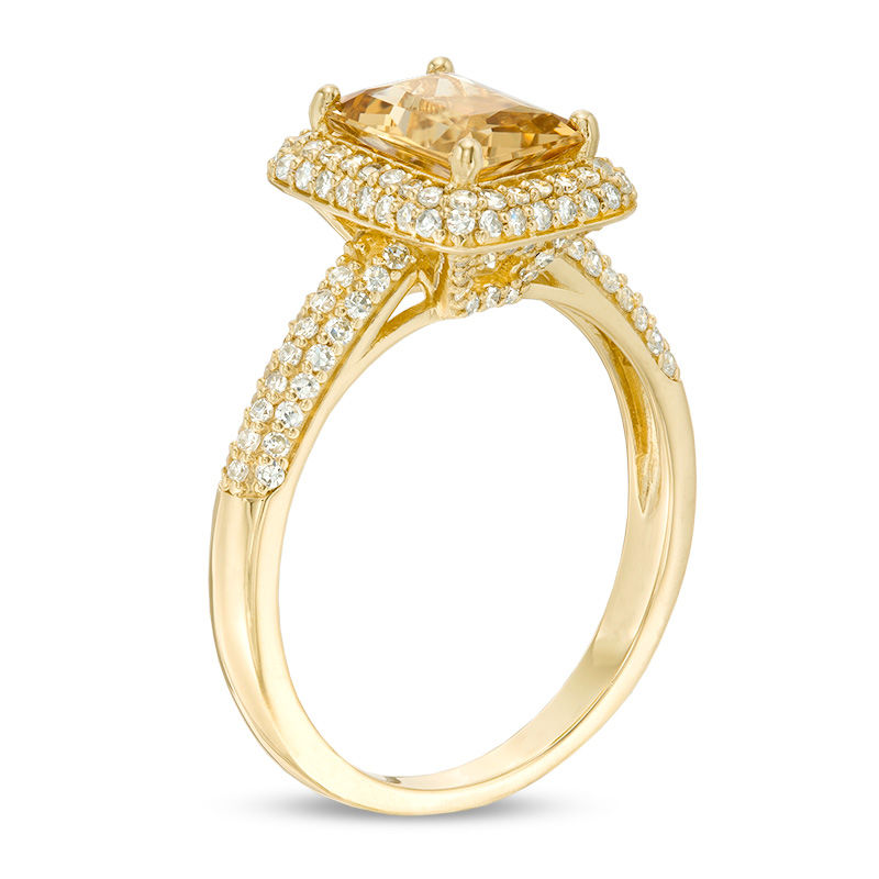 Main Image 2 of Emerald-Cut Yellow Beryl and 1/2 CT. T.W. Diamond Frame Ring in 14K Gold