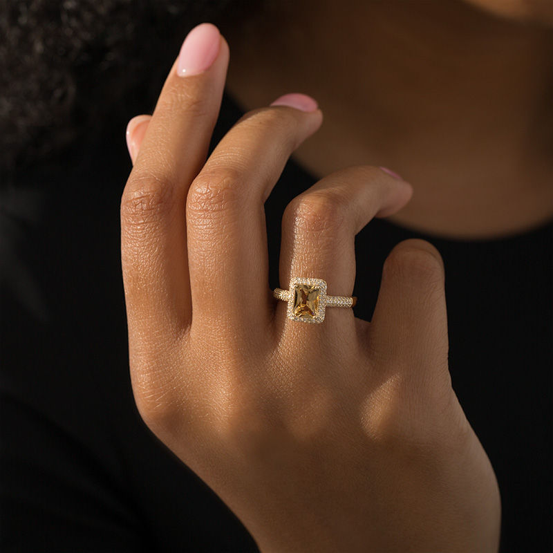 Emerald-Cut Yellow Beryl and 1/2 CT. T.W. Diamond Frame Ring in 14K Gold