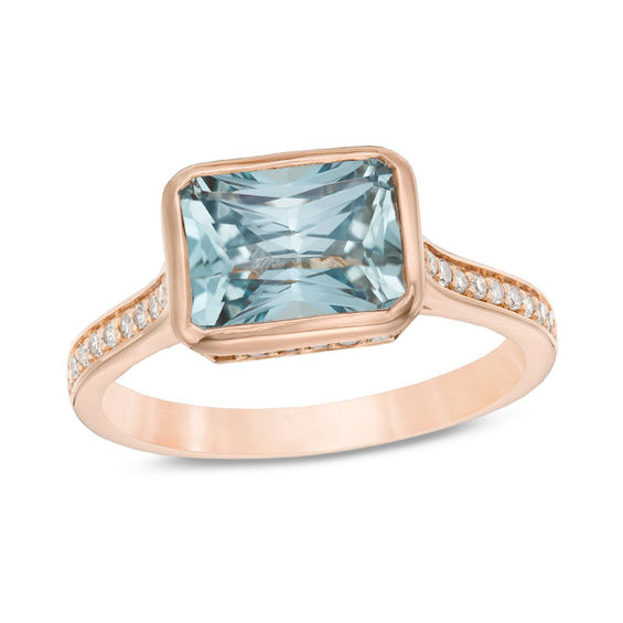 Sideways Emerald-Cut Aquamarine and 1/4 CT. T.w. Diamond Ring in 14K Rose Gold