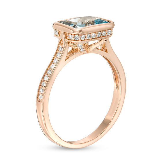 Sideways Emerald-Cut Aquamarine and 1/4 CT. T.w. Diamond Ring in 14K Rose Gold