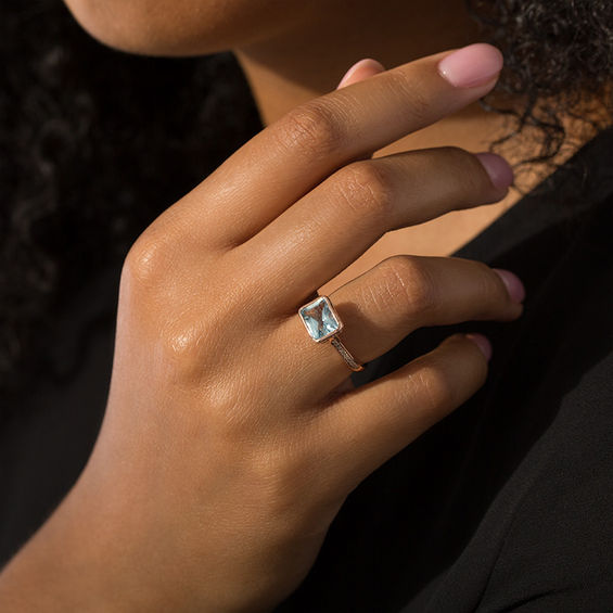 Sideways Emerald-Cut Aquamarine and 1/4 CT. T.w. Diamond Ring in 14K Rose Gold