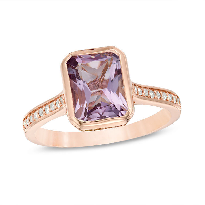 Main Image 1 of Emerald-Cut Rose de France Amethyst and 1/4 CT. T.W. Diamond Ring in 14K Rose Gold