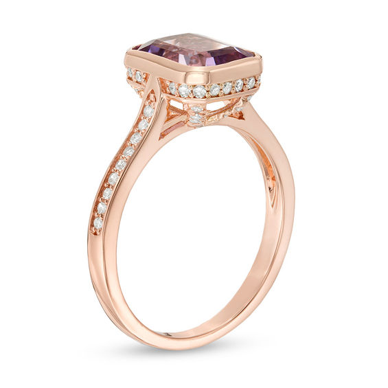 Emerald-Cut Rose de France Amethyst and 1/4 CT. T.w. Diamond Ring in 14K Rose Gold