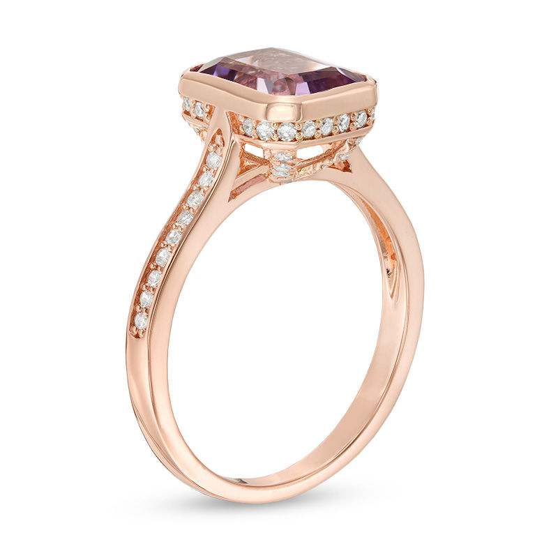 Main Image 2 of Emerald-Cut Rose de France Amethyst and 1/4 CT. T.W. Diamond Ring in 14K Rose Gold