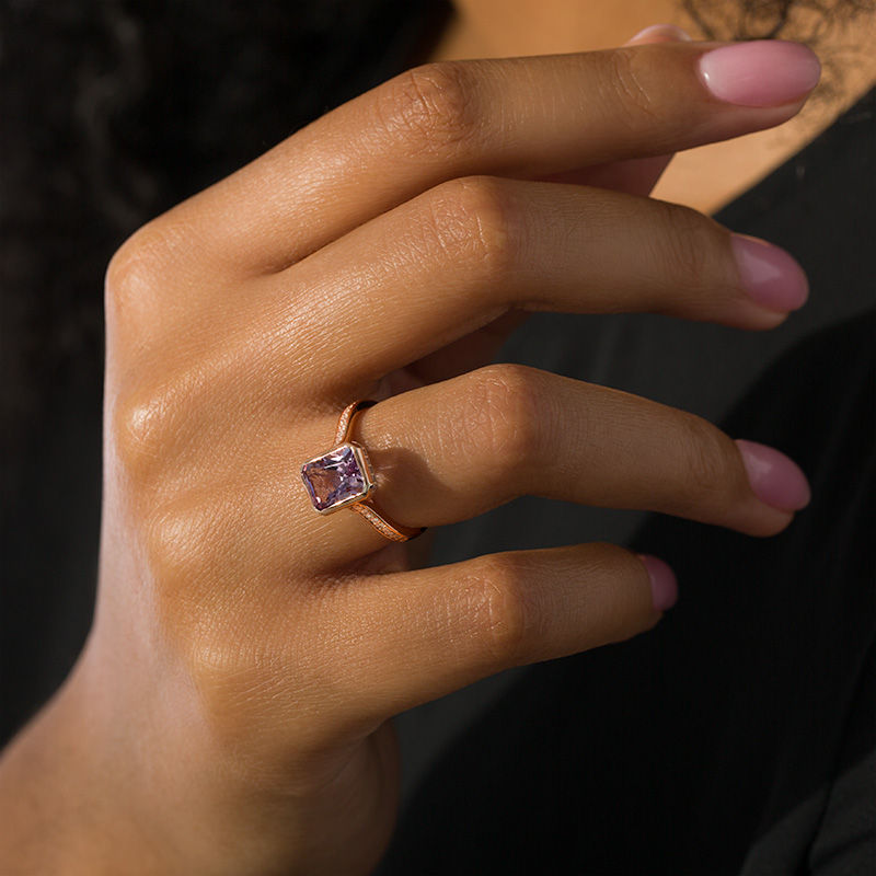 Main Image 3 of Emerald-Cut Rose de France Amethyst and 1/4 CT. T.W. Diamond Ring in 14K Rose Gold