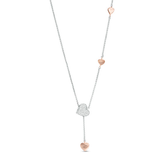 1/6 CT. T.W. Diamond Heart Station Lariat Necklace in Sterling Silver and 10K Rose Gold - 26" 1/6 CT. T.W. Diamond Heart Station Lariat Necklace in Sterling Silver and 10K Rose Gold - 26"