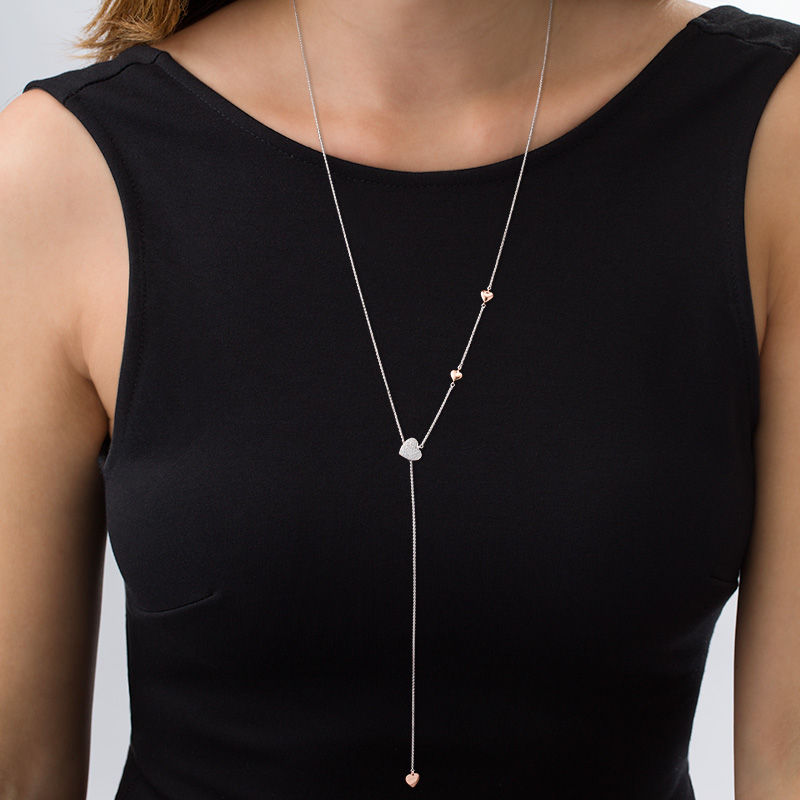 1/6 CT. T.W. Diamond Heart Station Lariat Necklace in Sterling Silver and 10K Rose Gold - 26"