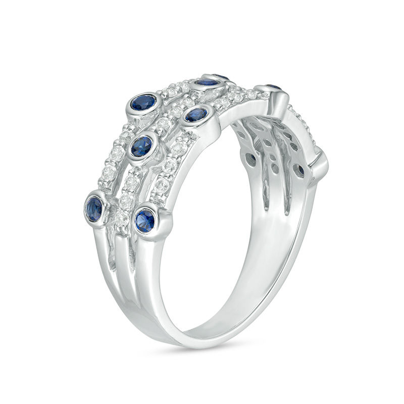 Main Image 2 of Bezel-Set Lab-Created Blue and White Sapphire Triple Row Orbit Ring in Sterling Silver