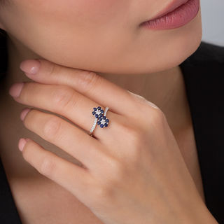 Lab-Created Blue and White Sapphire Double Flower Bypass Ring in