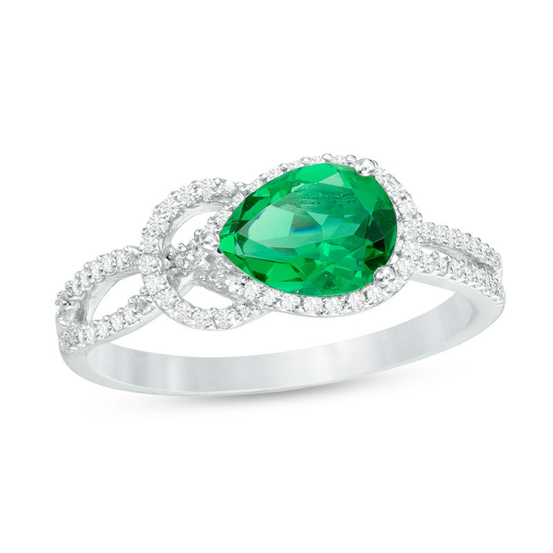 Main Image 1 of Pear-Shaped Lab-Created Emerald and 1/6 CT. T.W. Diamond Knot Frame Ring in Sterling Silver