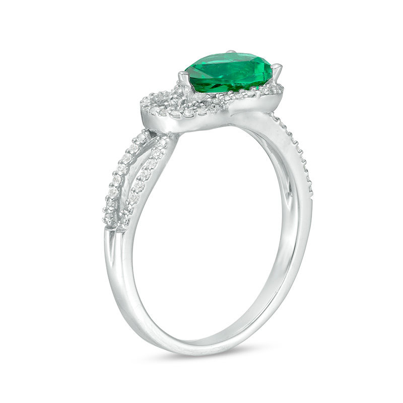 Main Image 2 of Pear-Shaped Lab-Created Emerald and 1/6 CT. T.W. Diamond Knot Frame Ring in Sterling Silver