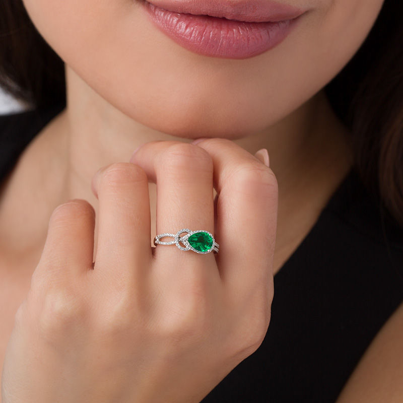 Main Image 3 of Pear-Shaped Lab-Created Emerald and 1/6 CT. T.W. Diamond Knot Frame Ring in Sterling Silver
