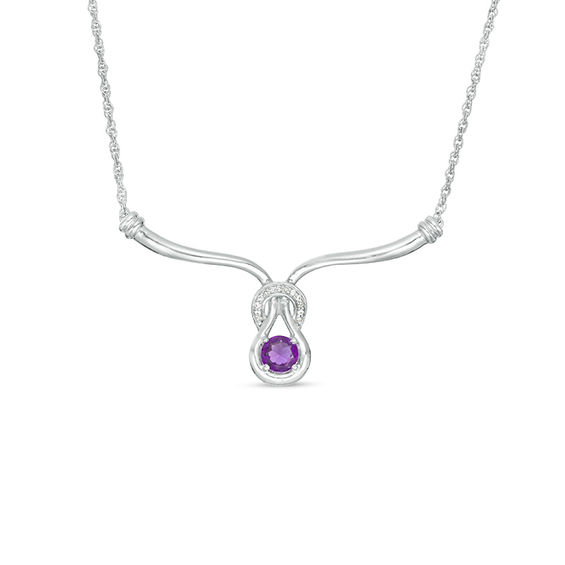 5.0mm Amethyst and 1/20 CT. T.W. Diamond Loop Knot Necklace in Sterling