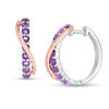 Thumbnail Image 0 of Amethyst and 1/15 CT. T.W. Diamond Crossover Ribbon Hoop Earrings in Sterling Silver and 10K Rose Gold