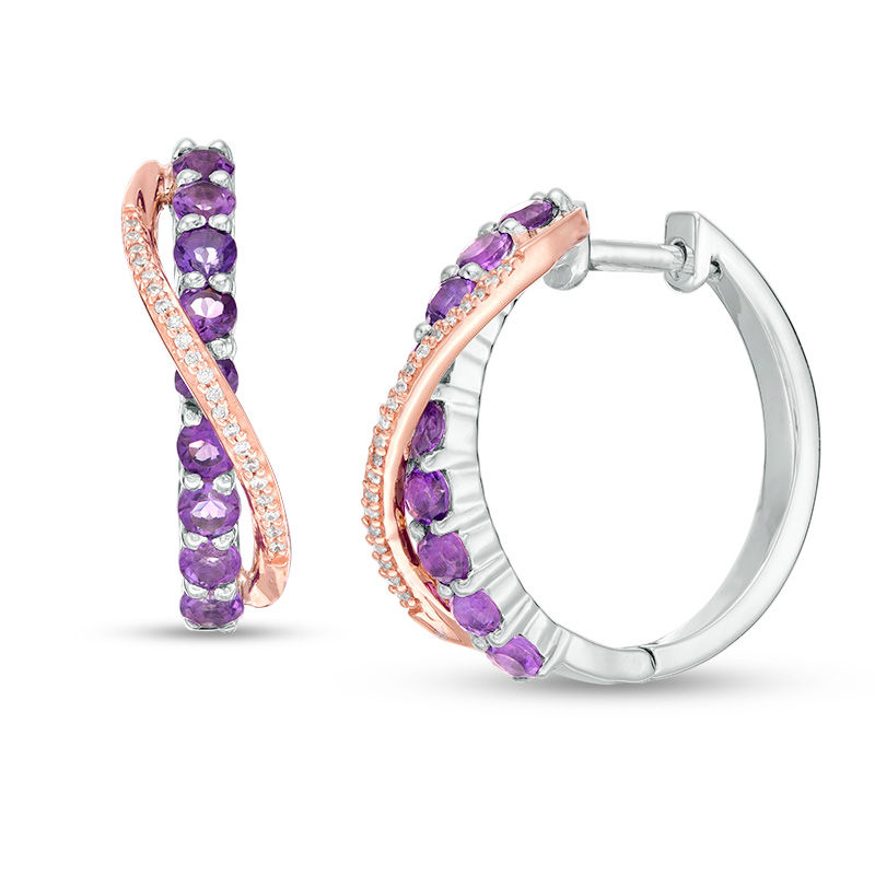 Amethyst and 1/15 CT. T.W. Diamond Crossover Ribbon Hoop Earrings in Sterling Silver and 10K Rose Gold
