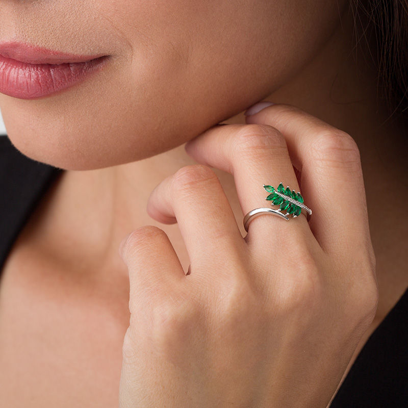 Marquise Lab-Created Emerald and Diamond Accent Bypass Leaf Ring in Sterling Silver