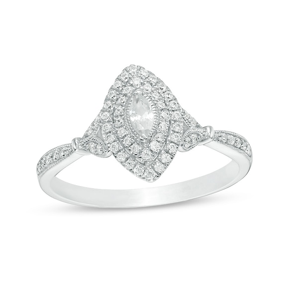 1/3 CT. T.w. Marquise Diamond Double Frame Petal-Sides Vintage-Style Engagement Ring in 14K White Gold