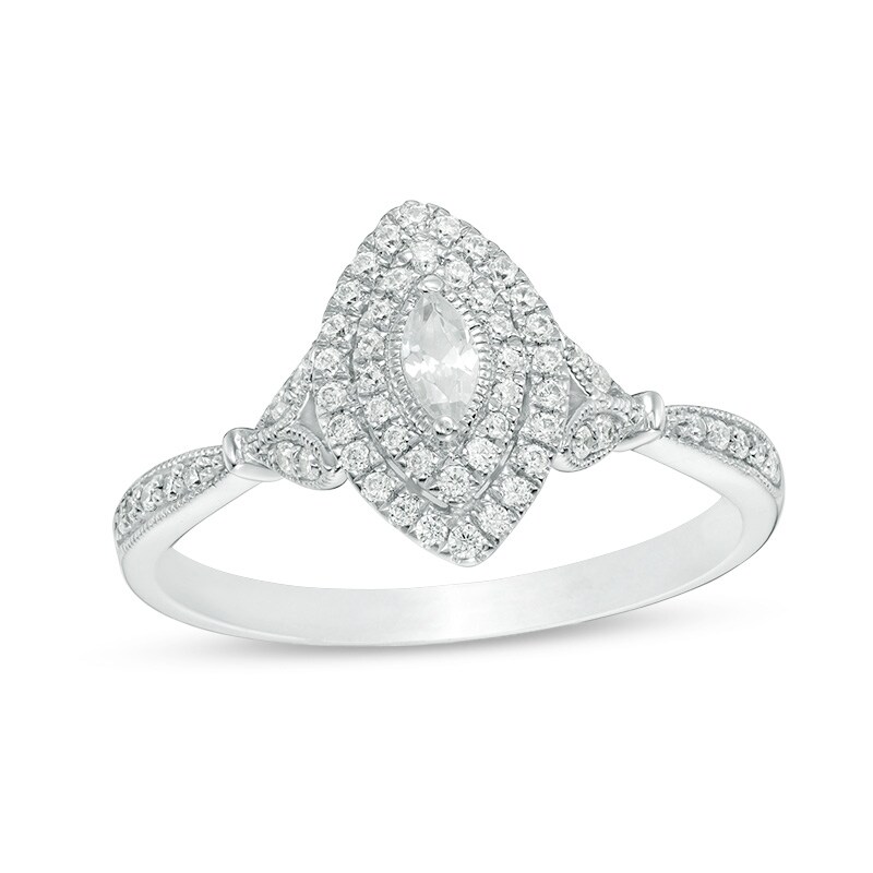 Main Image 1 of 1/3 CT. T.W. Marquise Diamond Double Frame Petal-Sides Vintage-Style Engagement Ring in 14K White Gold