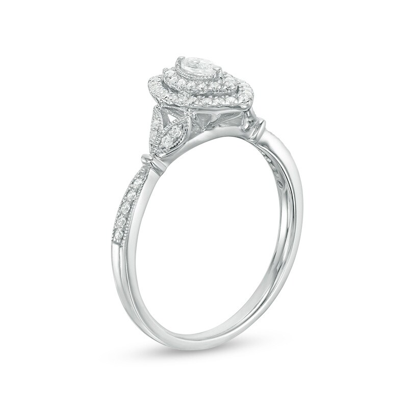 Main Image 2 of 1/3 CT. T.W. Marquise Diamond Double Frame Petal-Sides Vintage-Style Engagement Ring in 14K White Gold