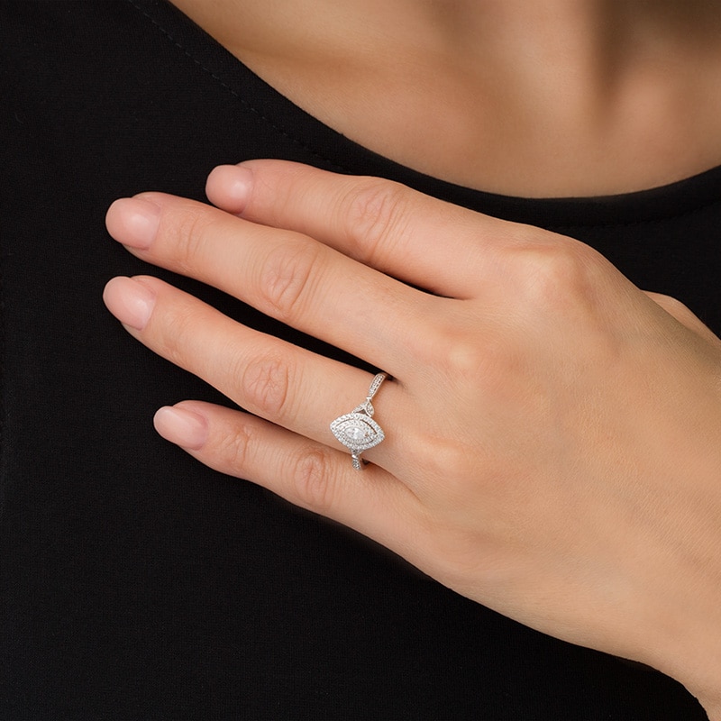 Main Image 3 of 1/3 CT. T.W. Marquise Diamond Double Frame Petal-Sides Vintage-Style Engagement Ring in 14K White Gold