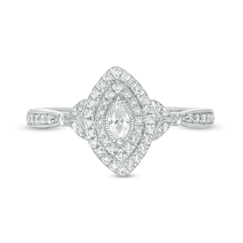 Main Image 6 of 1/3 CT. T.W. Marquise Diamond Double Frame Petal-Sides Vintage-Style Engagement Ring in 14K White Gold