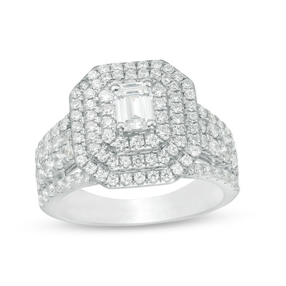 2 CT. T.w. Certified Emerald-Cut Diamond Double Frame Multi-Row Engagement Ring in 14K White Gold (I/Si2)