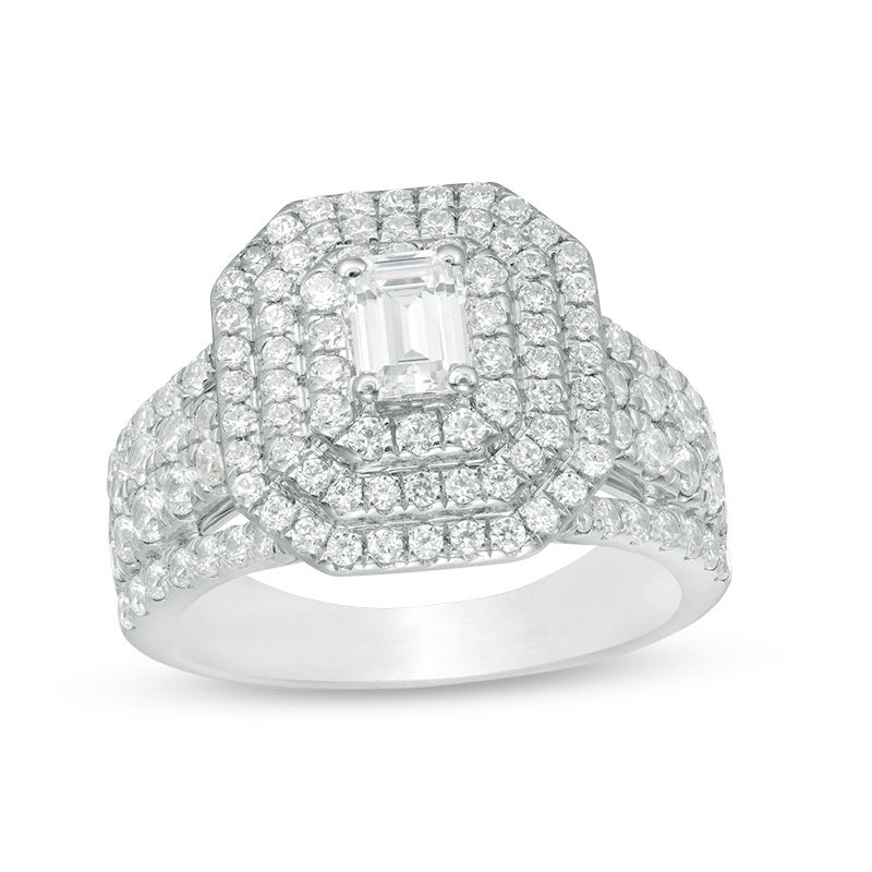 Main Image 1 of 2 CT. T.W. Certified Emerald-Cut Diamond Double Frame Multi-Row Engagement Ring in 14K White Gold (I/SI2)