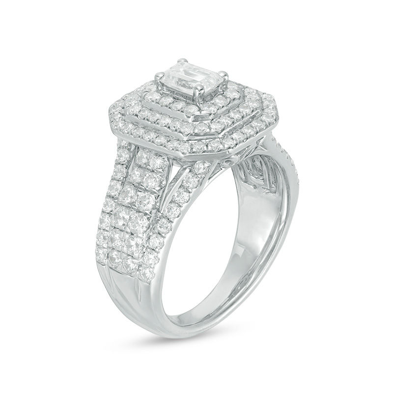 Main Image 2 of 2 CT. T.W. Certified Emerald-Cut Diamond Double Frame Multi-Row Engagement Ring in 14K White Gold (I/SI2)