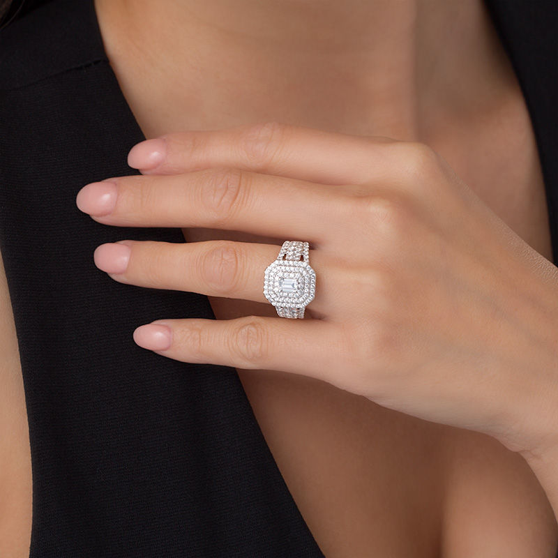 Main Image 3 of 2 CT. T.W. Certified Emerald-Cut Diamond Double Frame Multi-Row Engagement Ring in 14K White Gold (I/SI2)