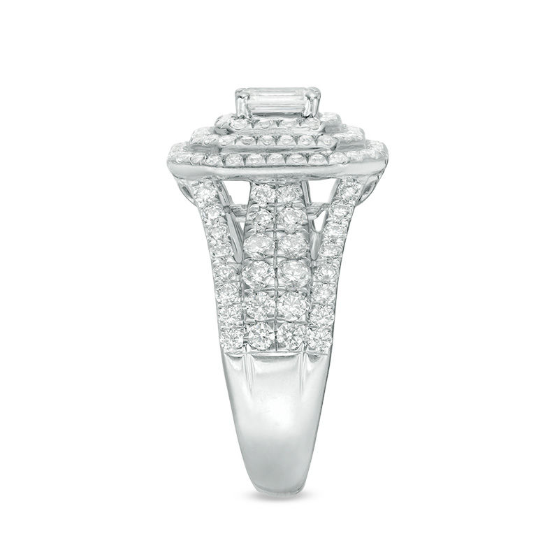 Main Image 4 of 2 CT. T.W. Certified Emerald-Cut Diamond Double Frame Multi-Row Engagement Ring in 14K White Gold (I/SI2)