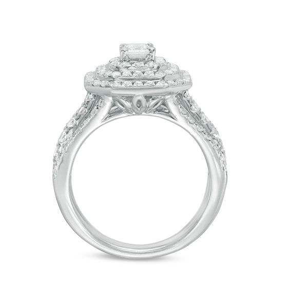 2 CT. T.w. Certified Emerald-Cut Diamond Double Frame Multi-Row Engagement Ring in 14K White Gold (I/Si2)