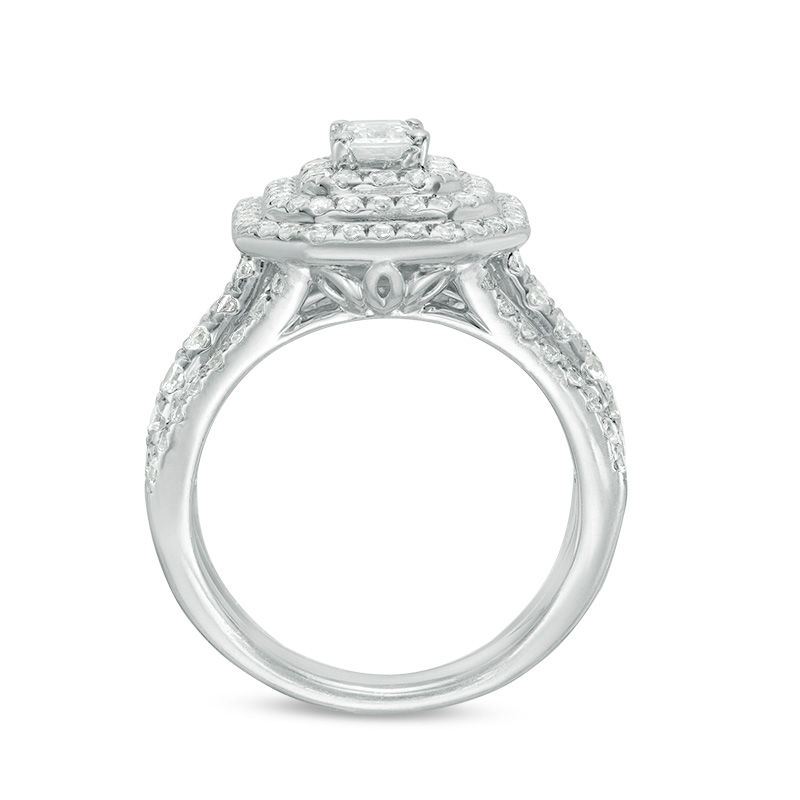 Main Image 5 of 2 CT. T.W. Certified Emerald-Cut Diamond Double Frame Multi-Row Engagement Ring in 14K White Gold (I/SI2)
