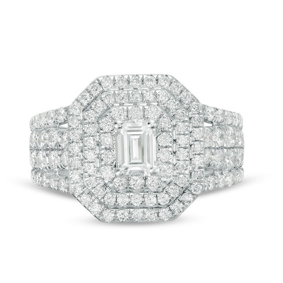 2 CT. T.w. Certified Emerald-Cut Diamond Double Frame Multi-Row Engagement Ring in 14K White Gold (I/Si2)