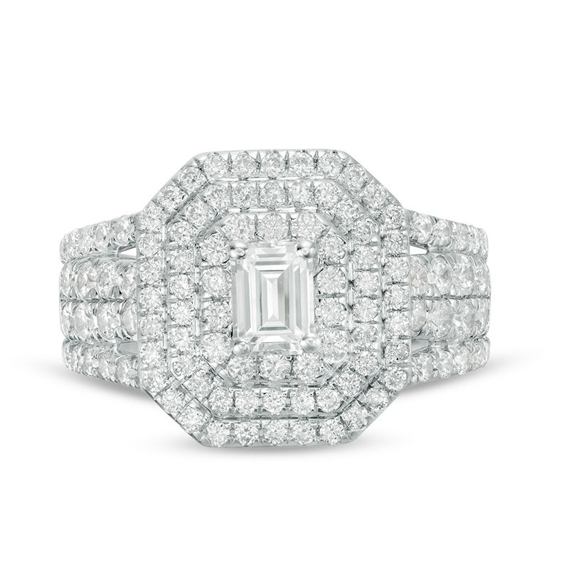 Main Image 6 of 2 CT. T.W. Certified Emerald-Cut Diamond Double Frame Multi-Row Engagement Ring in 14K White Gold (I/SI2)