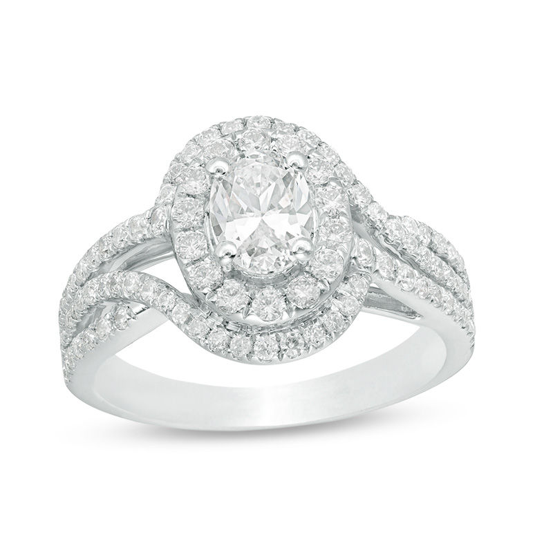 Main Image 1 of 1-1/2 CT. T.W. Certified Oval Diamond Frame Bypass Swirl Engagement Ring in 14K White Gold (I/SI2)
