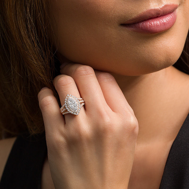 Main Image 3 of 2 CT. T.W. Composite Diamond Marquise Frame Multi-Row Engagement Ring in 14K Rose Gold