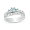 Thumbnail Image 1 of Princess-Cut Aquamarine and Lab-Created White Sapphire Three Stone Bridal Set in Sterling Silver