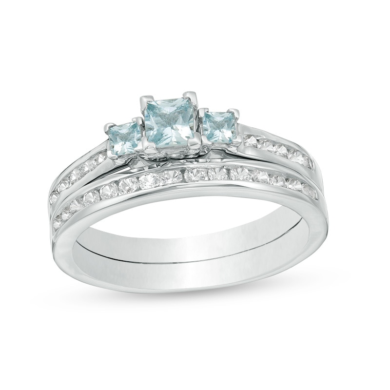 Main Image 1 of Princess-Cut Aquamarine and Lab-Created White Sapphire Three Stone Bridal Set in Sterling Silver