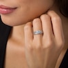 Thumbnail Image 2 of Princess-Cut Aquamarine and Lab-Created White Sapphire Three Stone Bridal Set in Sterling Silver