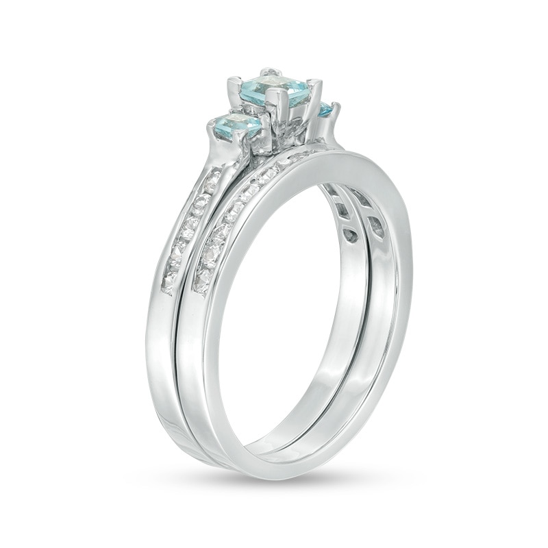 Main Image 3 of Princess-Cut Aquamarine and Lab-Created White Sapphire Three Stone Bridal Set in Sterling Silver