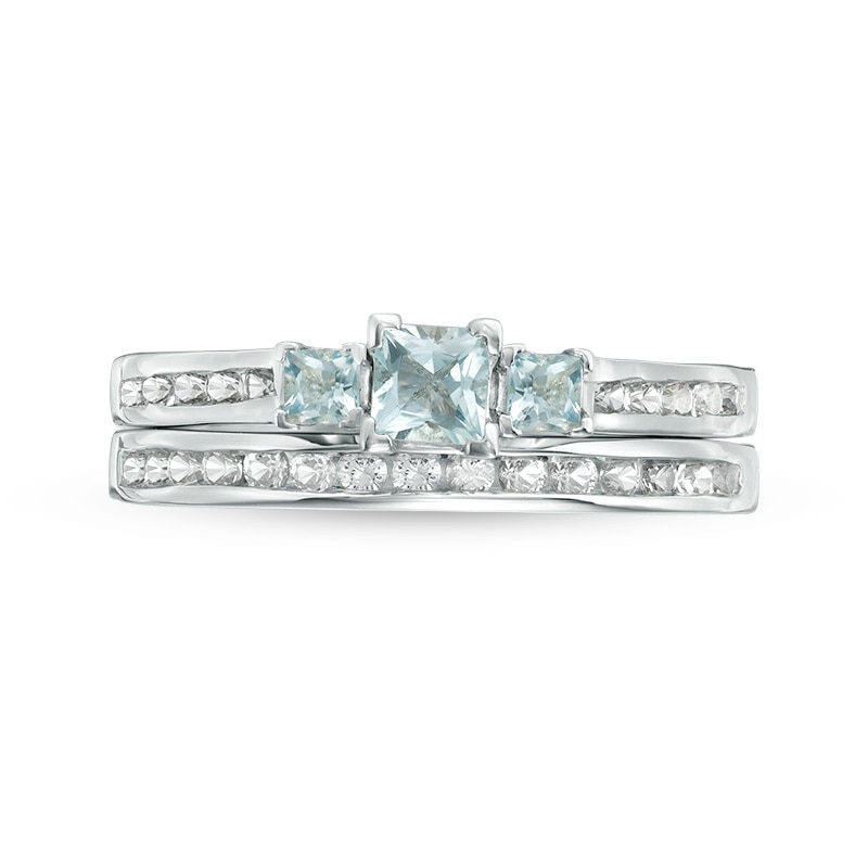 Main Image 4 of Princess-Cut Aquamarine and Lab-Created White Sapphire Three Stone Bridal Set in Sterling Silver