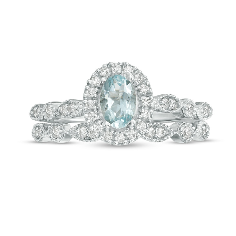 Main Image 4 of Oval Aquamarine and 1/5 CT. T.W. Diamond Frame Vintage-Style Bridal Set in 10K White Gold