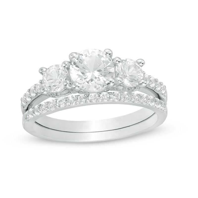 Main Image 1 of White Lab-Created Sapphire Three Stone Bridal Set in Sterling Silver