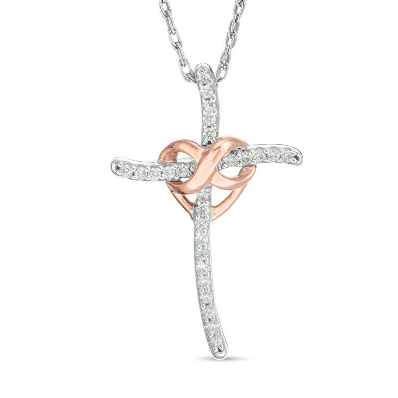 1/10 CT. T.W. Diamond Infinity Heart Cross Pendant in Sterling Silver and 10K Rose Gold