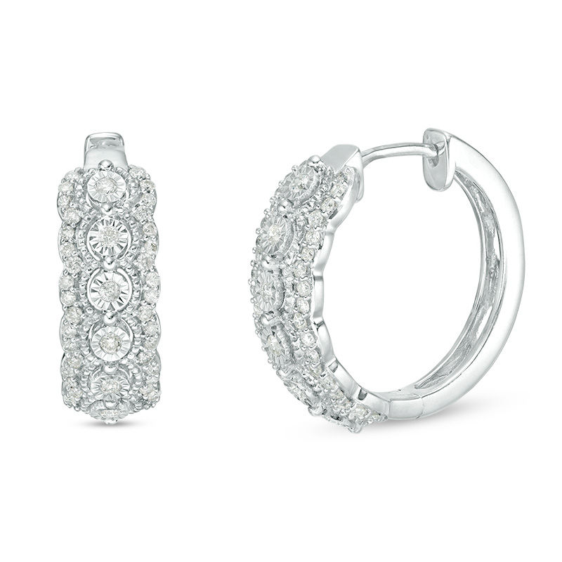 Main Image 1 of 1/2 CT. T.W. Diamond Scalloped Hoop Earrings in Sterling Silver