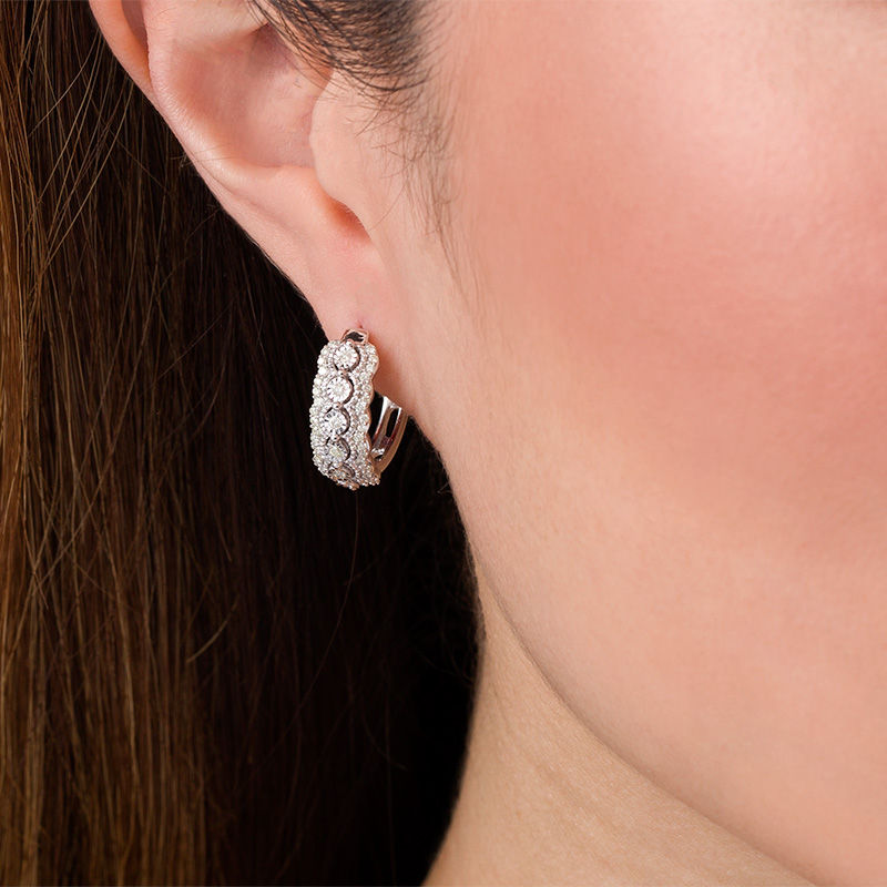 Main Image 2 of 1/2 CT. T.W. Diamond Scalloped Hoop Earrings in Sterling Silver