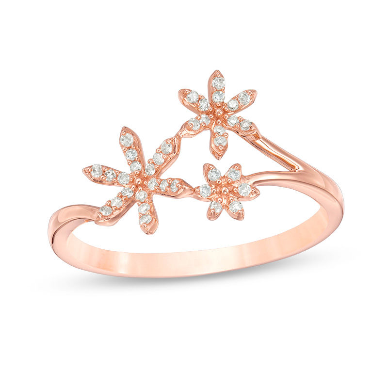 Main Image 1 of 1/10 CT. T.W. Diamond Triple Flower Ring in 10K Rose Gold