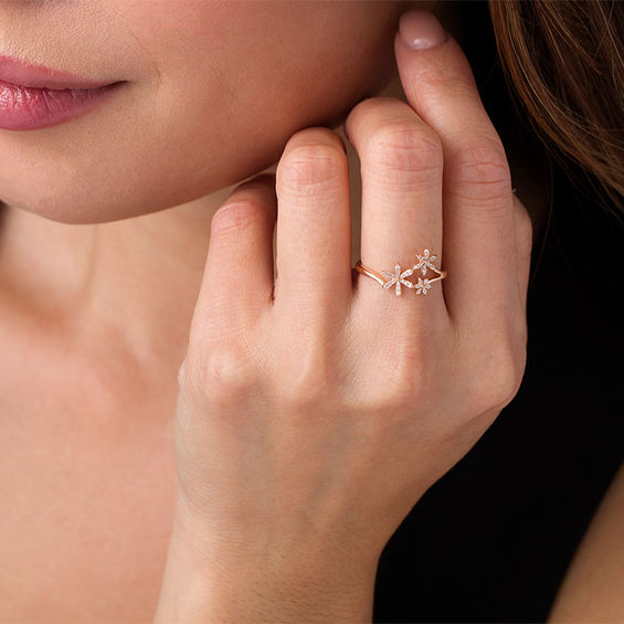 1/10 CT. T.w. Diamond Triple Flower Ring in 10K Rose Gold